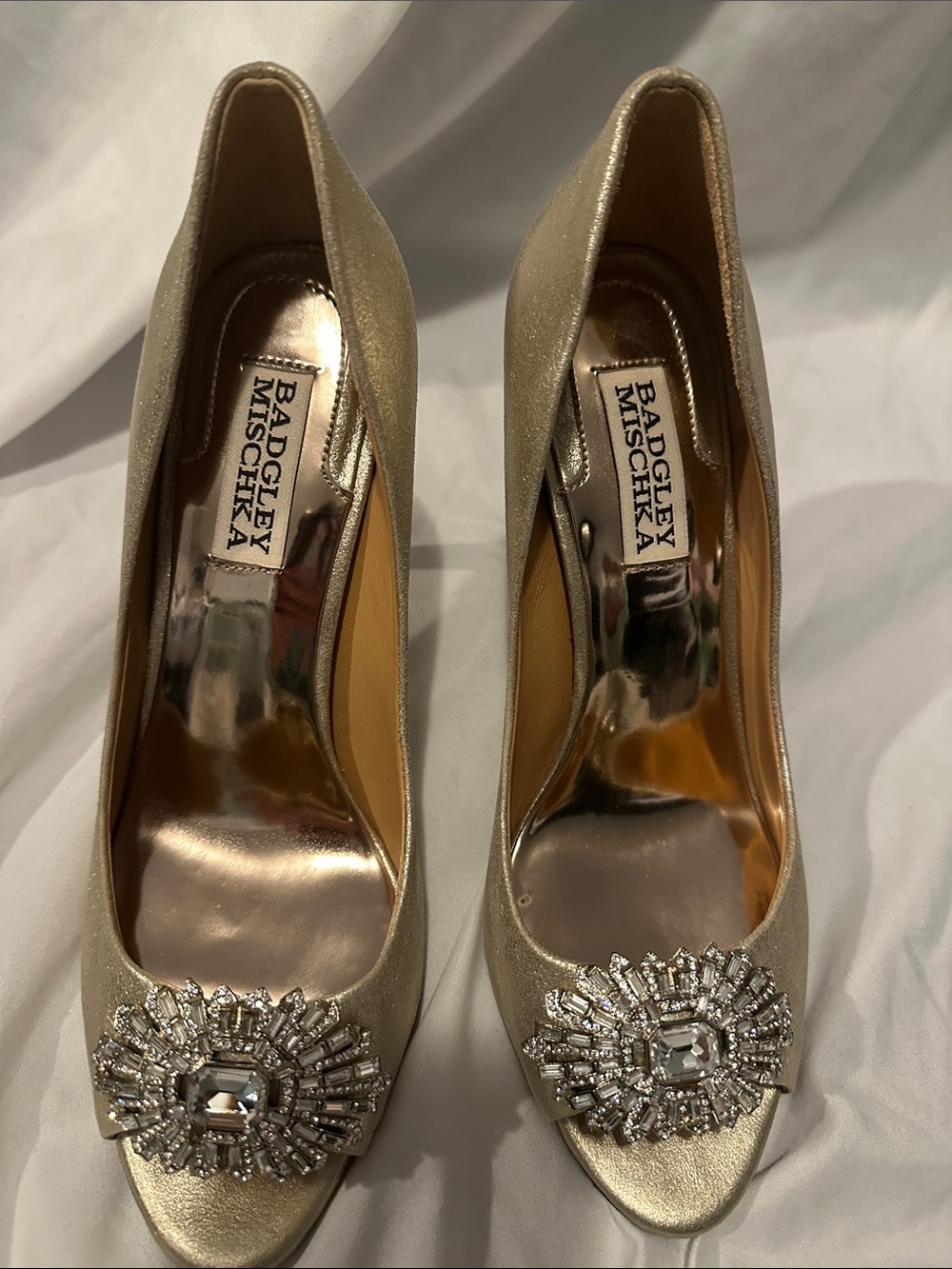 Badgley Mischka Gold Jeweled Peep-Toe Pumps